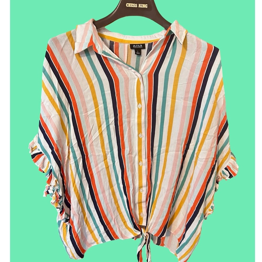 a.n.a A New Approach Striped Tie Front Ruffle Sleeve Button Down Blouse Large